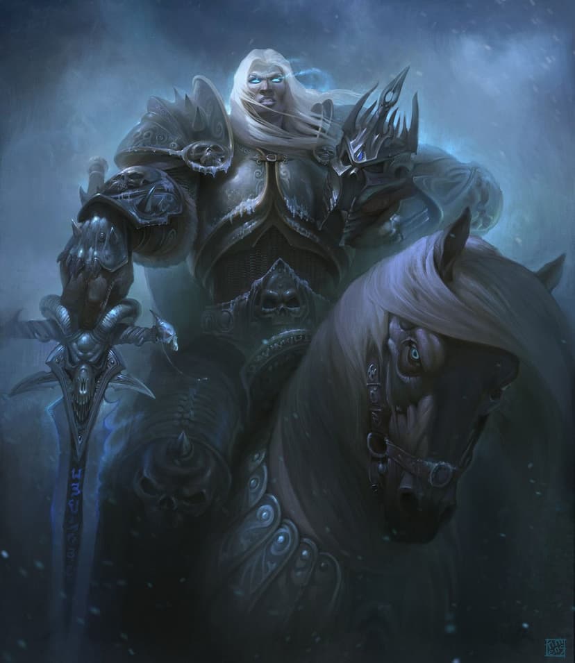 Lich King Arthas on an undead horse holding Frostmourne sword with blue glowing runes in a snowy mist.