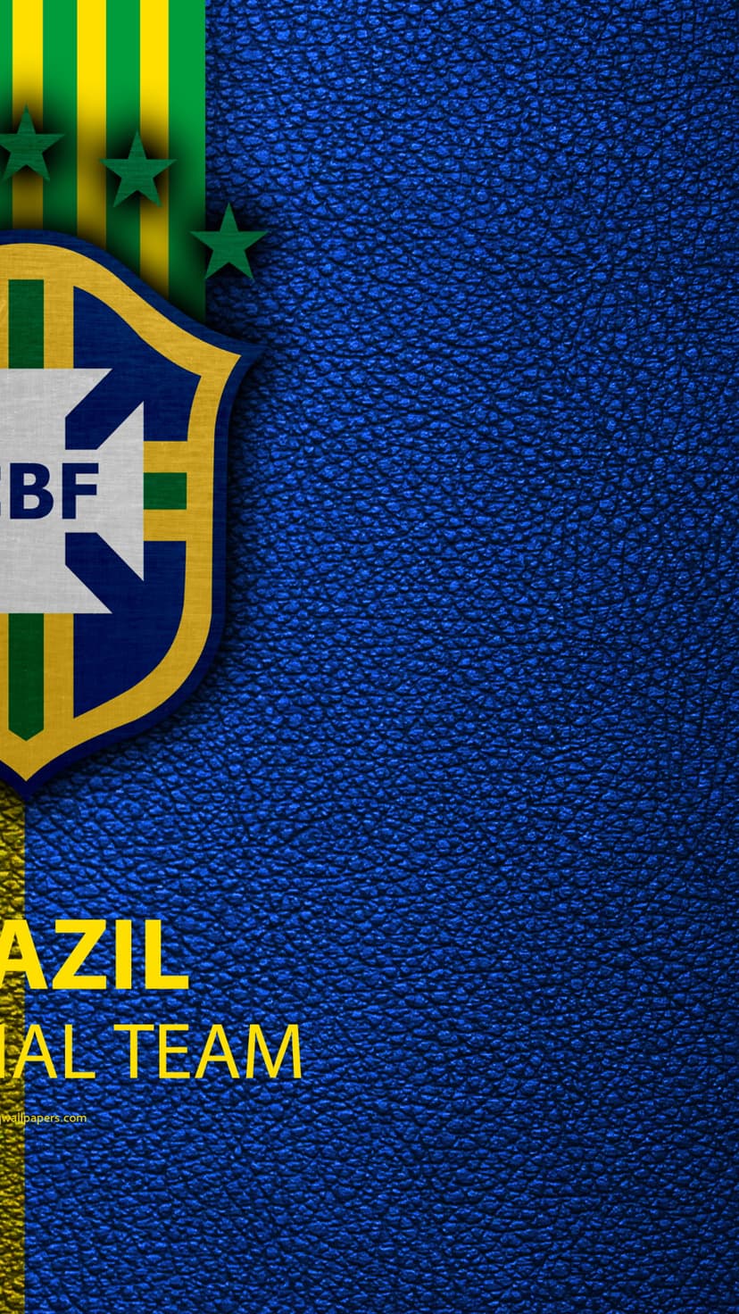 Brazil national football emblem and yellow text on a blue leather background with green and yellow stripes.