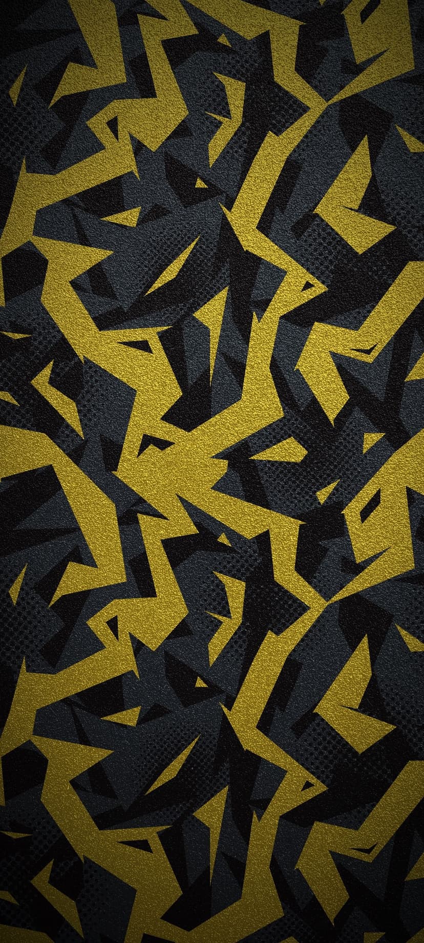 Gold metallic shards and dark gray geometric shapes overlap in a textured angular camouflage pattern.
