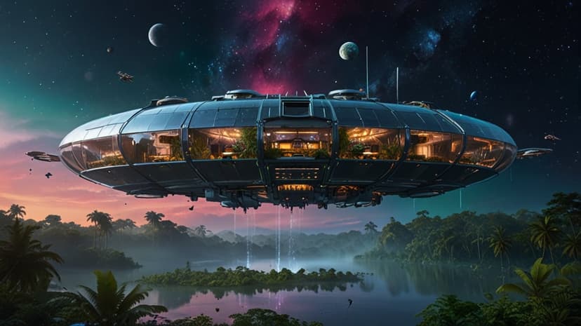 Transparent floating city-ship hovers above a purple alien jungle under a cosmic sky with moons and nebulae.