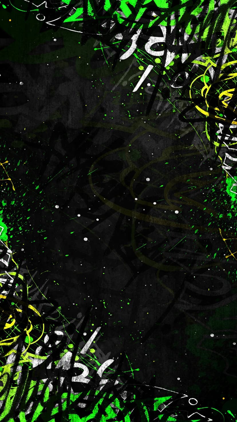 Vibrant neon green paint strokes and abstract graffiti lettering over a solid black textured background.