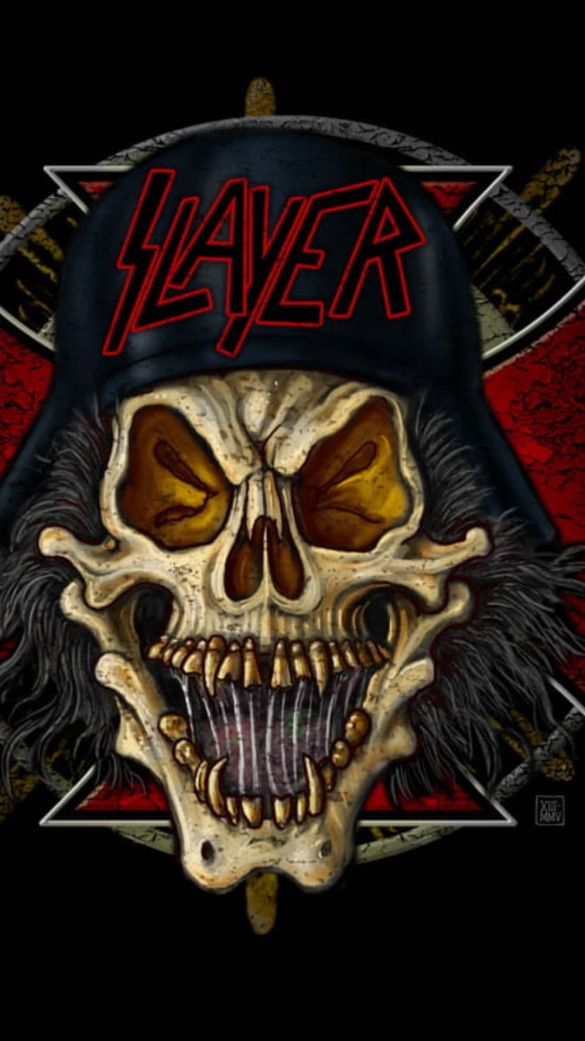 Skull with yellow glowing eyes and a red logo beanie stands before a large crimson and black cross symbol.