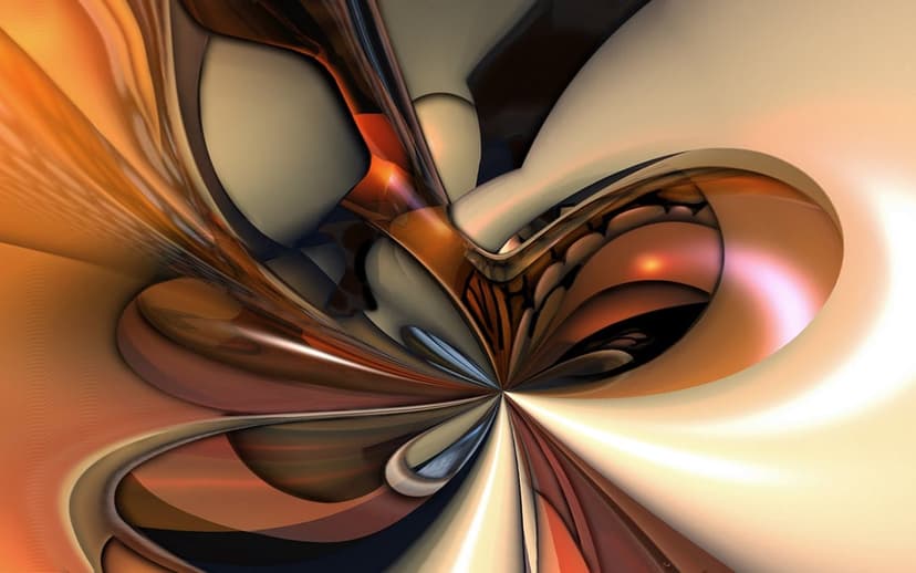 Symmetrical fluid 3D swirls in metallic orange and brown resemble a stylized butterfly with polished textures.