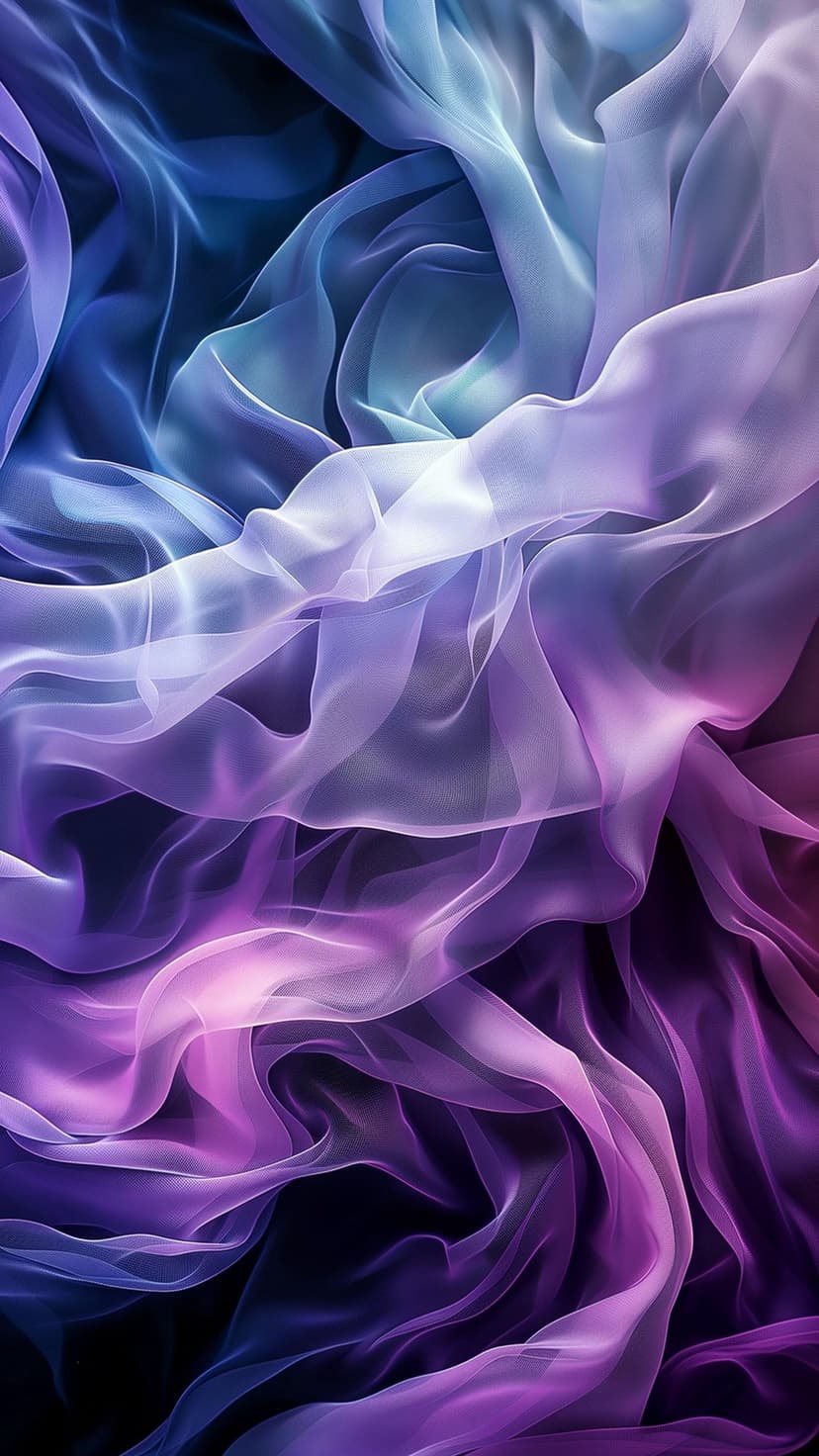 Flowing purple and blue translucent fabric folds with soft gradients and deep shadows in a vertical layout.