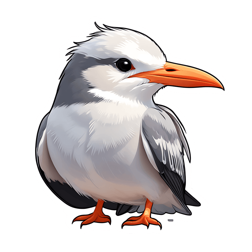 Bird sticker with a white fluffy head and orange beak shown in a profile view with soft gray wings and feet.