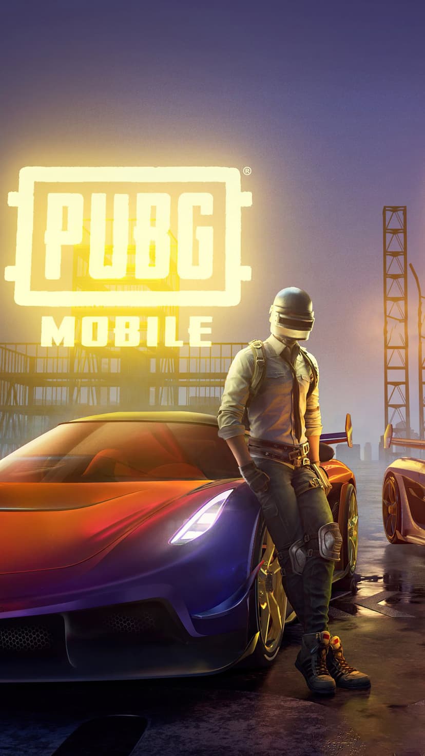 Armored PUBG character in a helmet leans on a sleek sports car under vibrant purple and blue neon city lights.