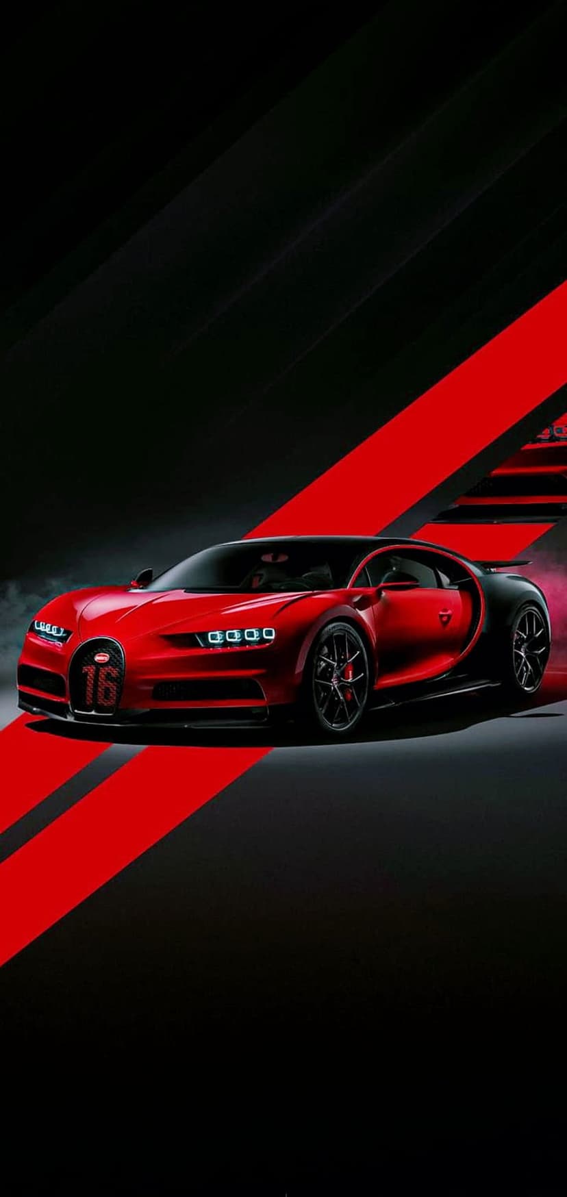 Bugatti Chiron in crimson red accelerates against a pitch-black background with motion blur and glowing accents.