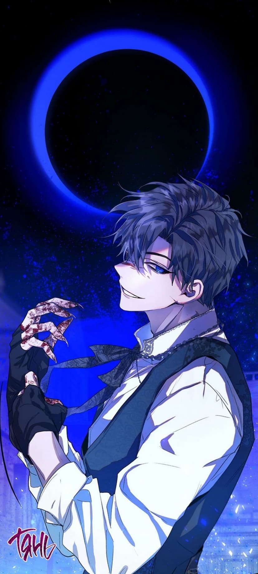 Dark-haired man with glowing blue eyes and bloodied claws stands before a celestial ring in a starry night sky.
