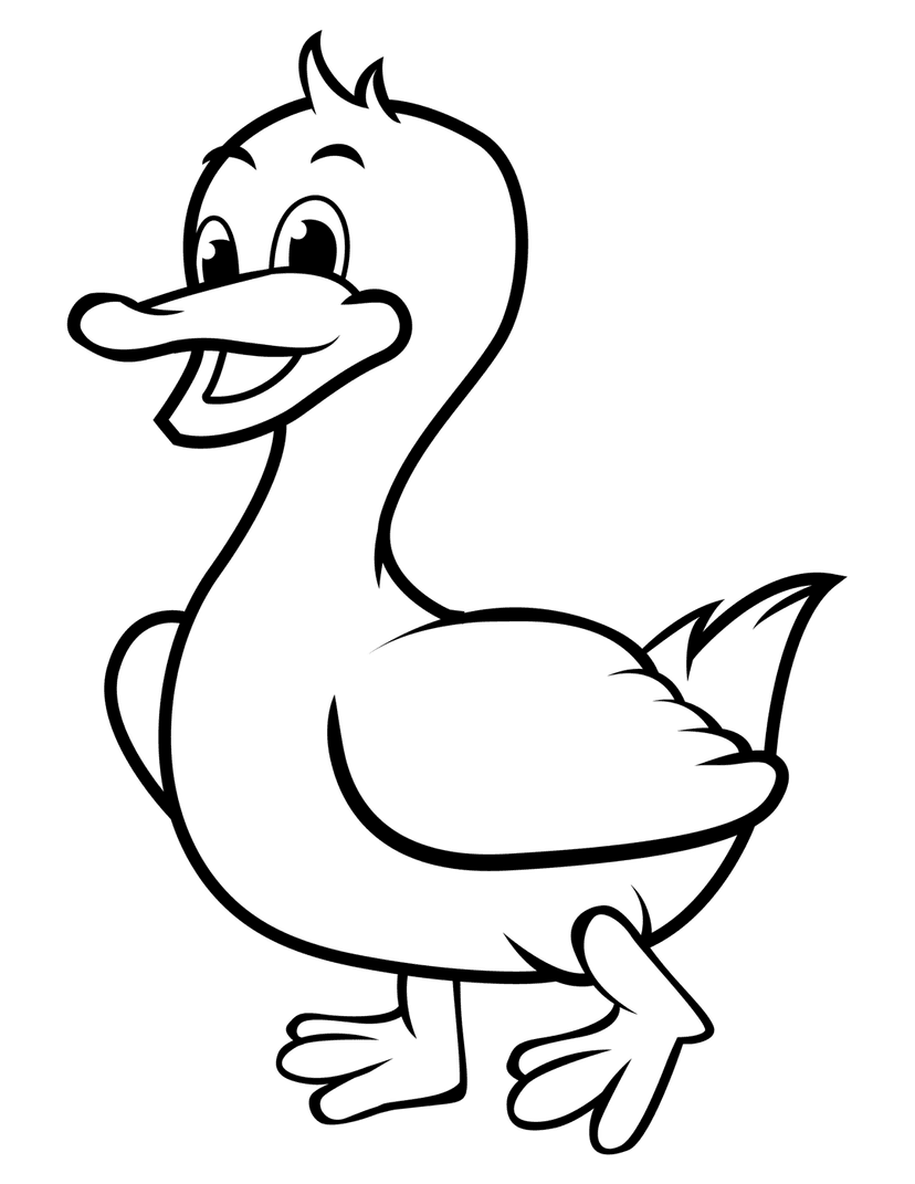 Duckling coloring page featuring black line art with webbed feet, rounded body, and tufted head on white background.