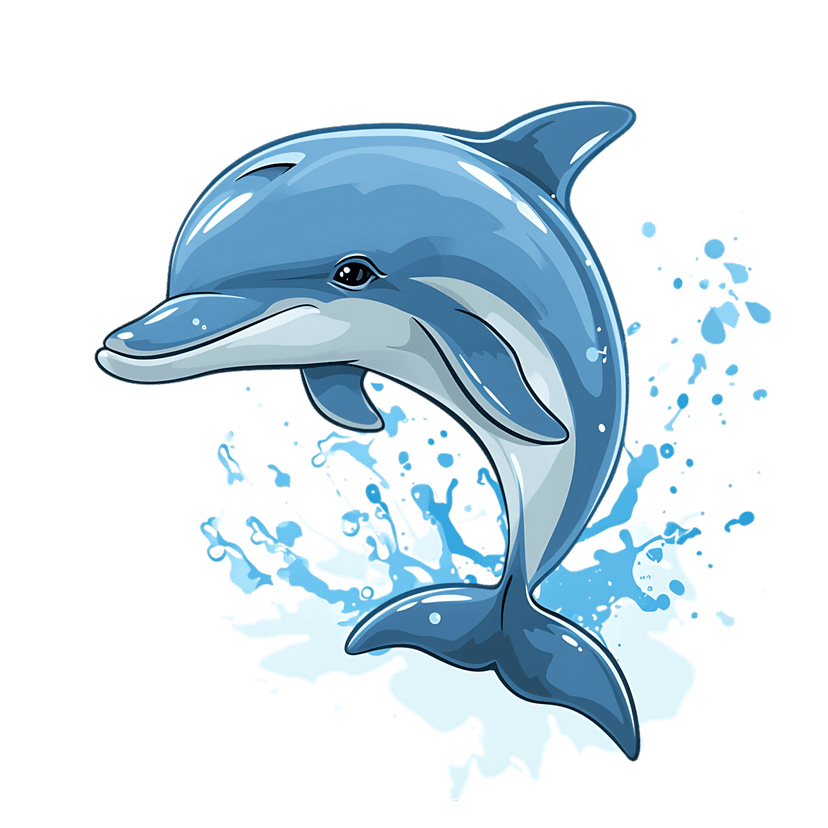 Blue dolphin leaping through splashes features stylized water droplets and a glossy cartoon illustration style.