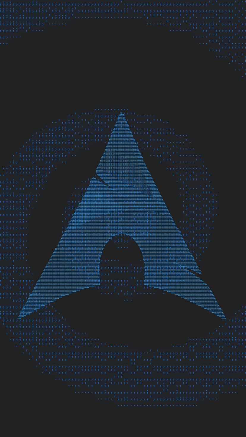 Arch Linux logo silhouette features blue digital glitch effects and faint concentric circles on a dark backdrop.