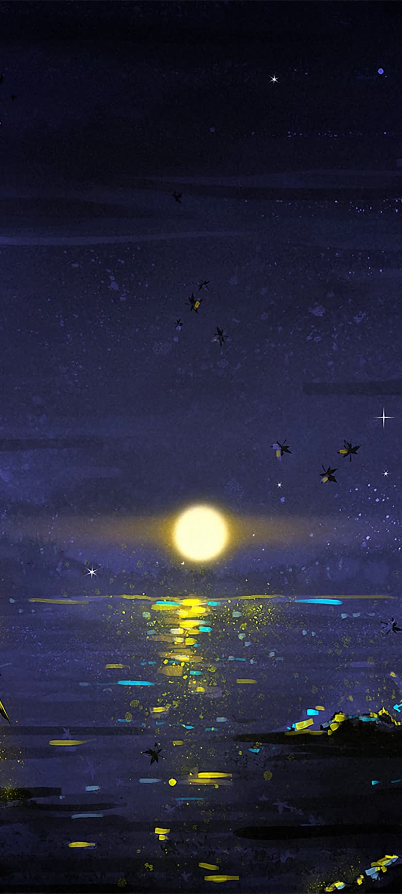 Massive glowing moon reflects on calm lake water while golden fireflies swarm in the dark starry night sky.