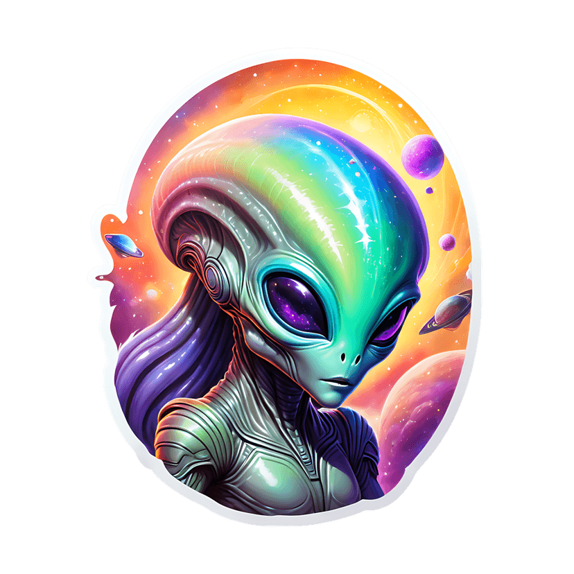 Iridescent alien sticker with metallic body and large purple eyes floating against an orange cosmic nebula.