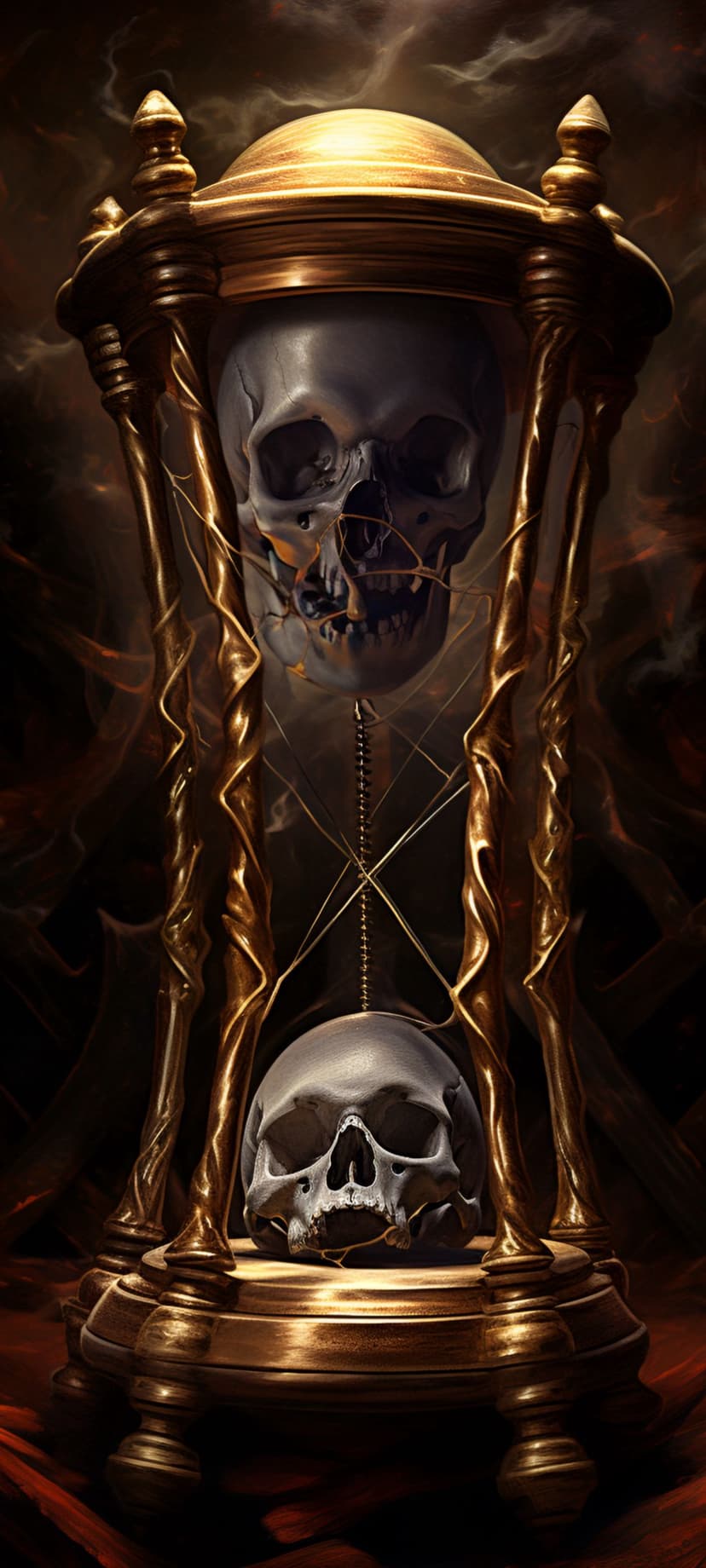Human skulls integrated into an ornate golden hourglass with twisted metal set against a dark smoky background.