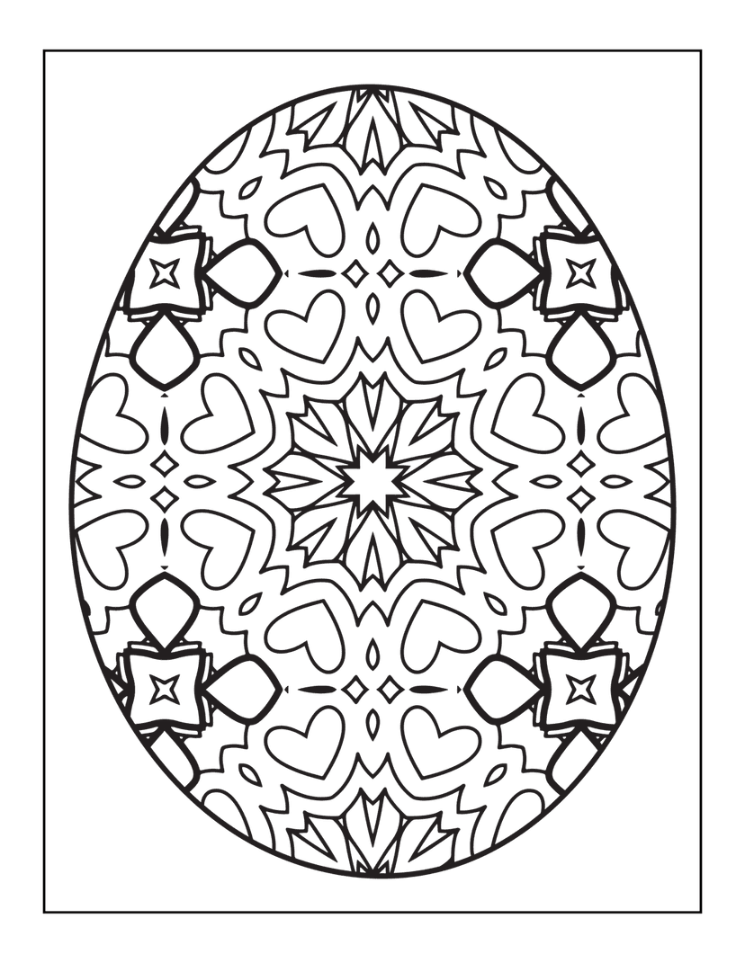 Black and white mandala vector featuring symmetrical heart shapes and geometric linework on a dark background.