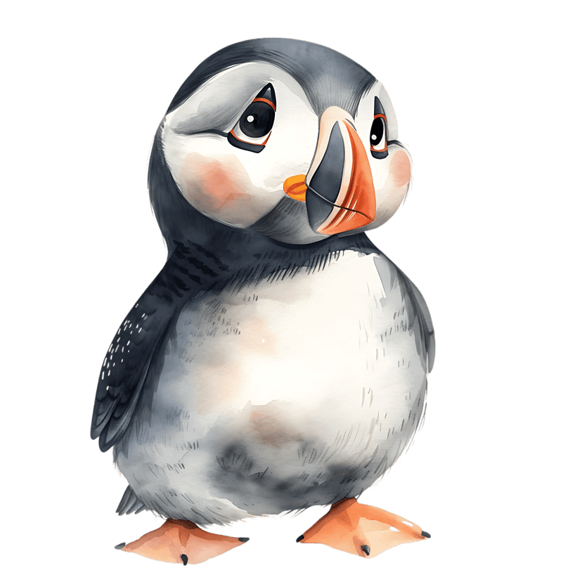Atlantic puffin watercolor profile with a colorful orange beak and black plumage on a dark background.