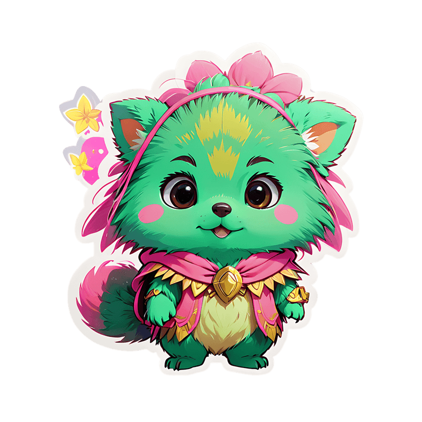 Green fox sticker illustration wearing a pink bow and gold cape showing textured fur and large brown eyes.