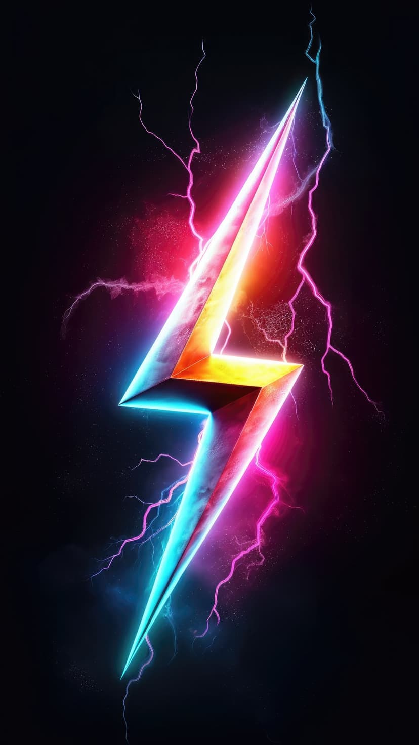 Electric blue lightning bolt glowing with orange and pink light against a dark purple cosmic background.
