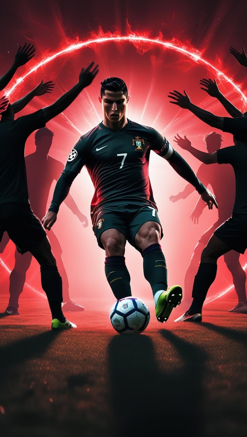 Cristiano Ronaldo in a Portugal jersey dribbling a soccer ball against a glowing red backdrop with silhouettes.