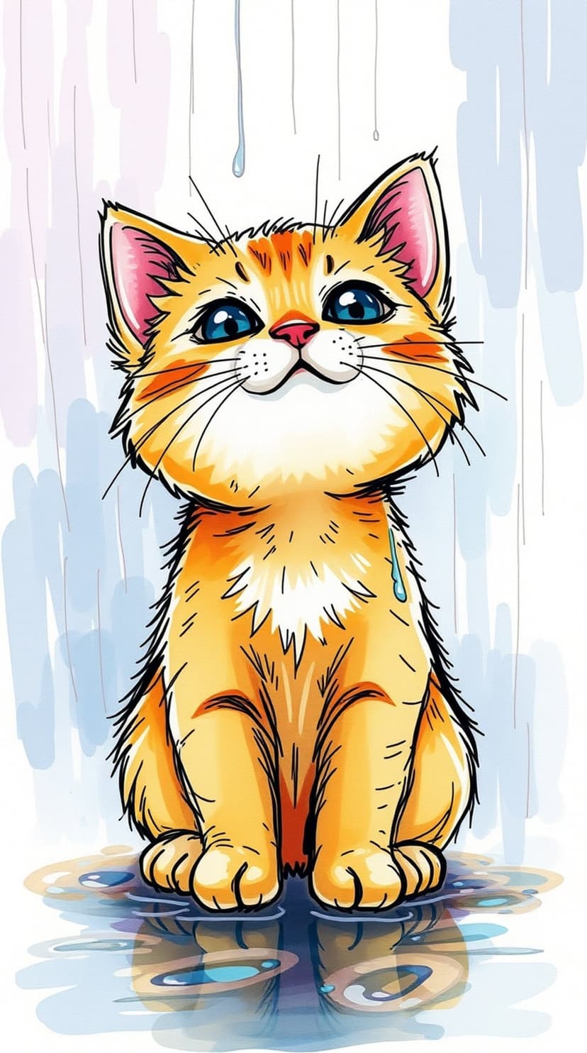Tiny orange kitten with blue eyes sitting in shallow puddles during a soft rainfall on a cozy day.
