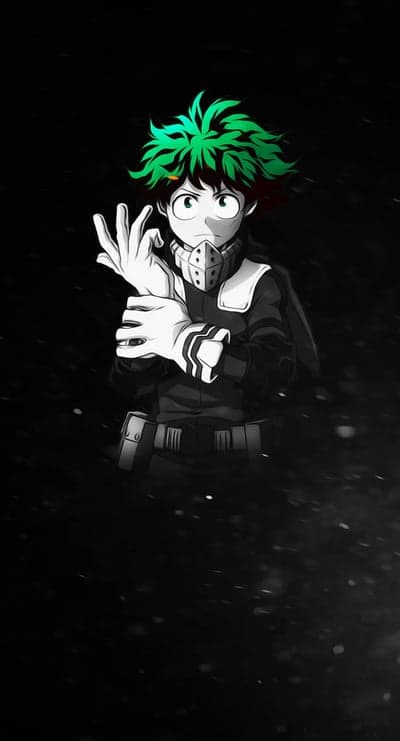 Izuku Midoriya in anime-style black and white with green hair