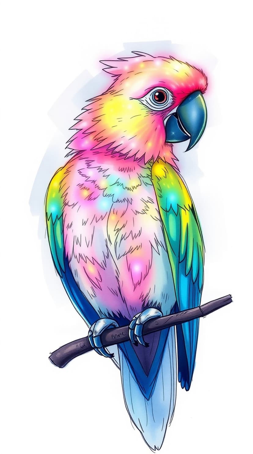 Rainbow-colored parrot with pink and yellow feathers perches on a brown branch against a white background.