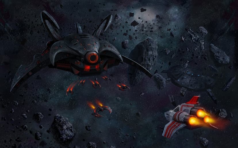 Starship with orange thrusters maneuvers through asteroids near a giant alien craft in a dark starry galaxy.
