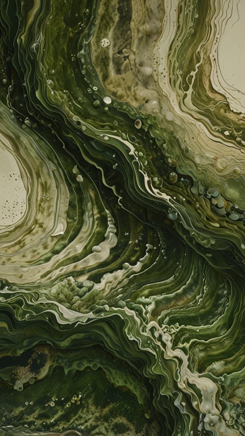 Emerald green and beige fluid swirls mix with glossy bubbles to create an organic marbled stone texture.
