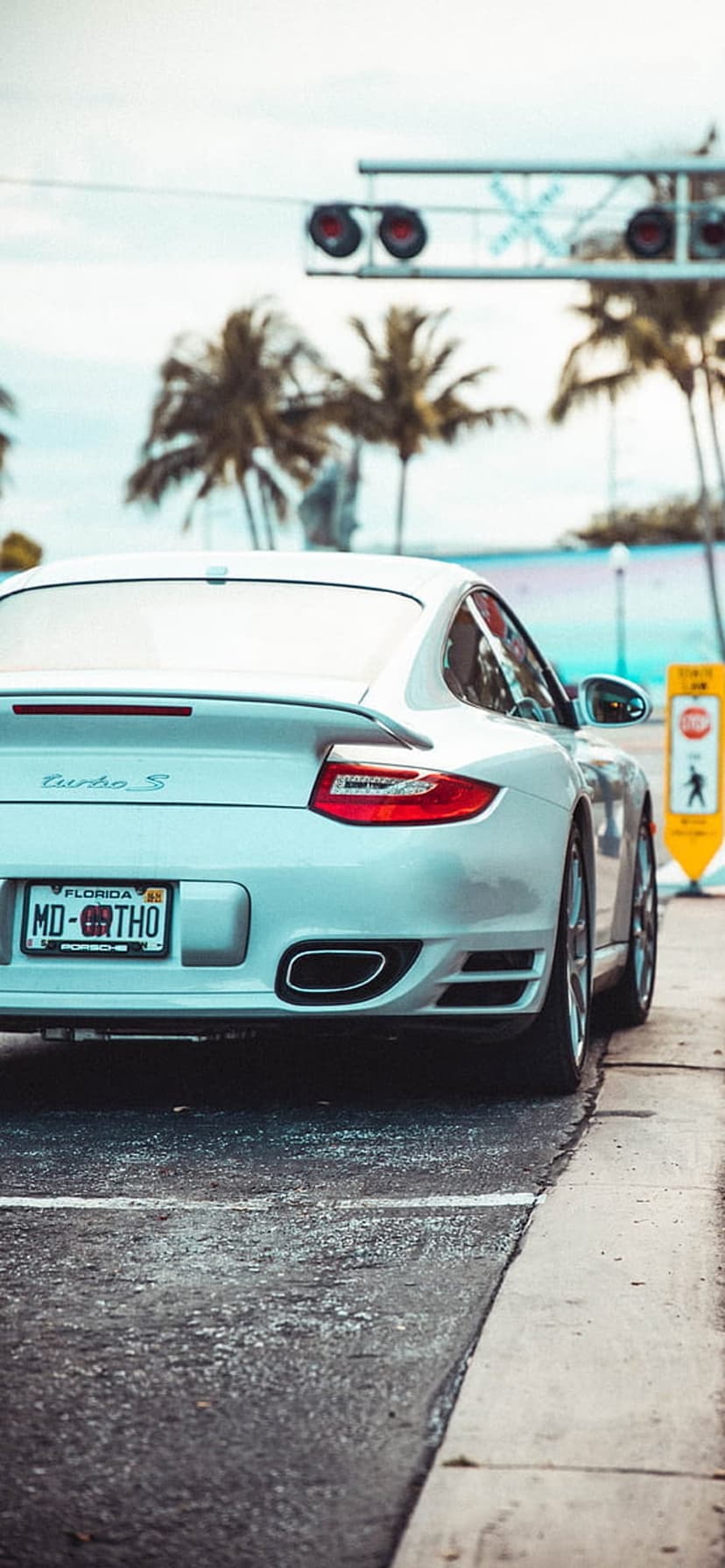 White Porsche Turbo S with Florida plates parked on wet asphalt beside palm trees under a bright sky.