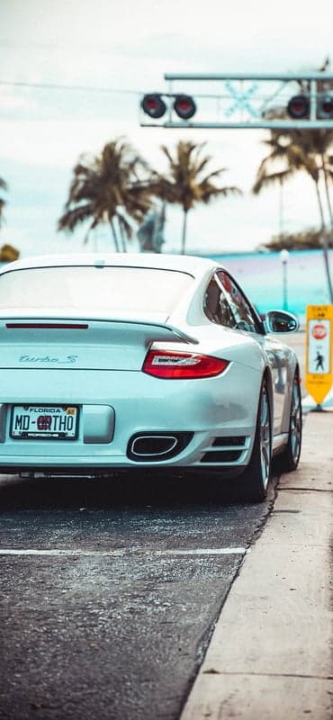 White Porsche Turbo S parked by a beach with palm trees