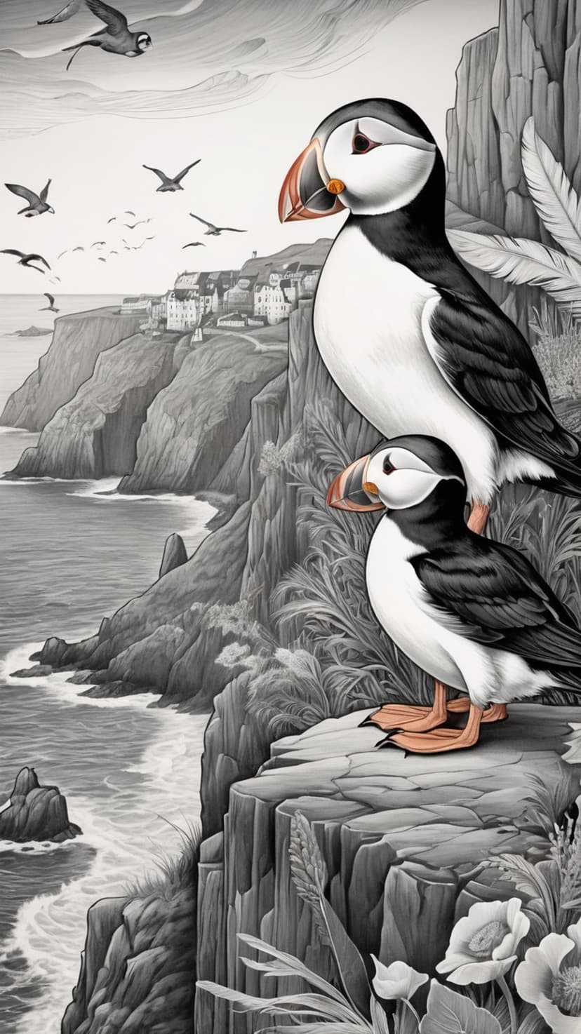 Two puffins sit on jagged cliffs above a seaside village and rolling waves under a bird-filled sky.