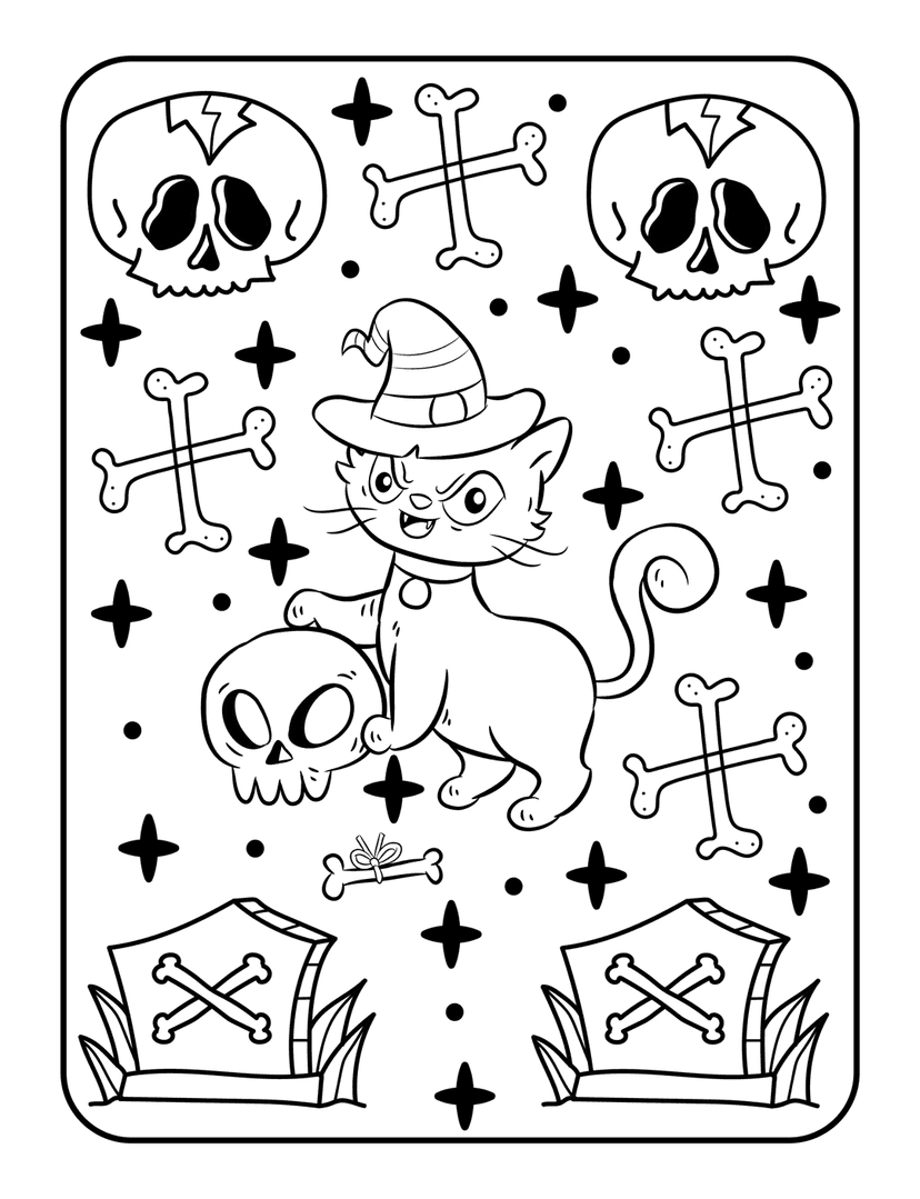 Halloween witch cat coloring page holding a skull surrounded by tombstones and stars in high-resolution line art.