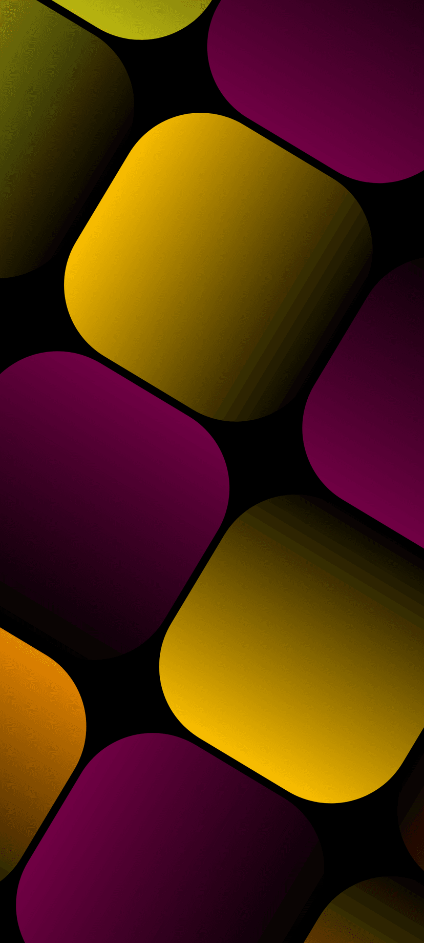 Overlapping rounded squares with yellow, orange, and purple gradients feature a subtle dotted texture on black.