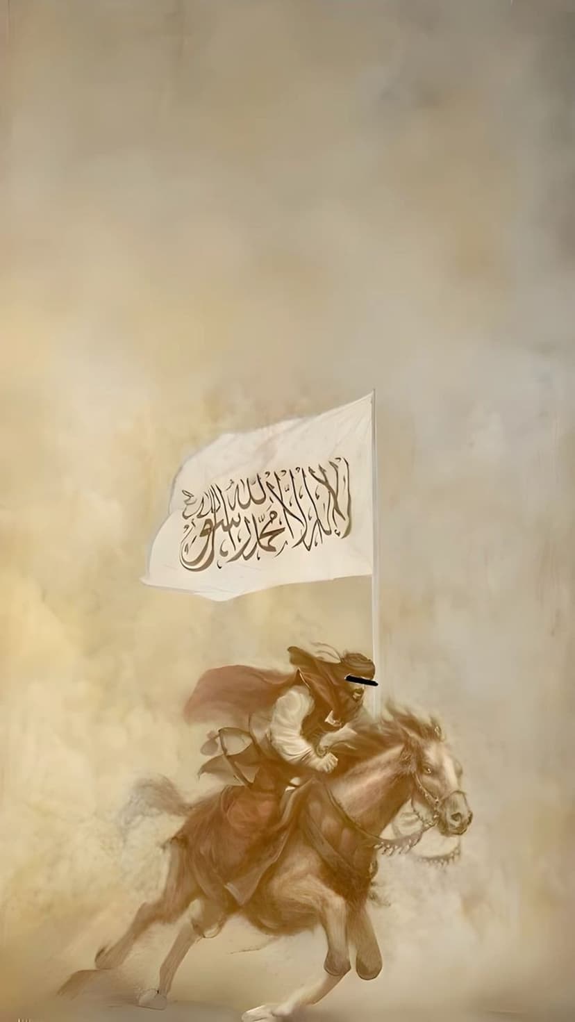 Horseman in traditional clothing rides through a dust storm while holding a white flag with Arabic calligraphy.
