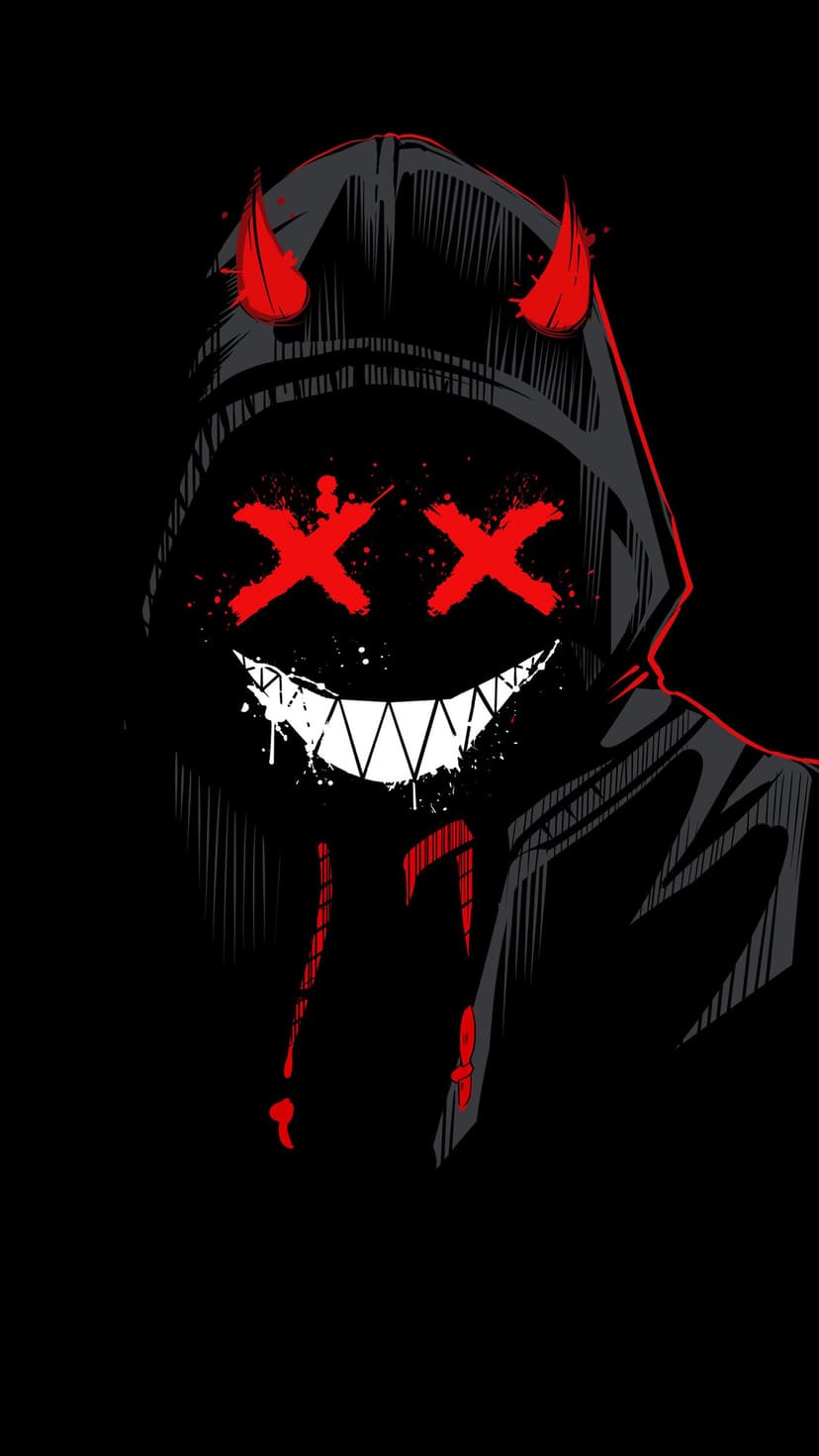 Hooded figure with red devil horns, glowing XX eyes, and a jagged white grin against a black splattered backdrop.