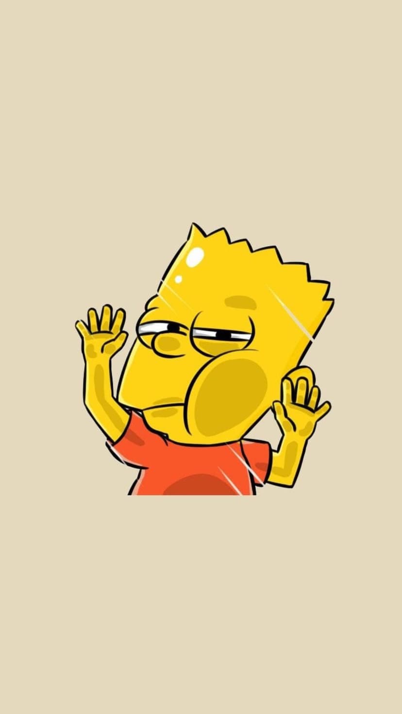 Bart Simpson waves with a sly smirk while wearing an orange shirt against a solid light beige background.