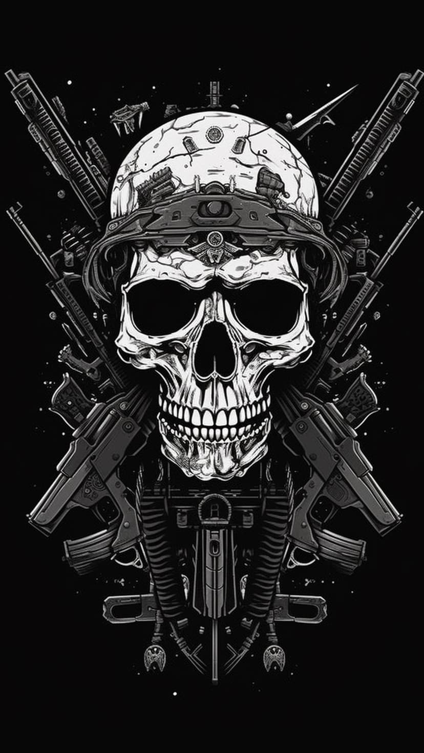 Skeletal skull wearing a tactical helmet flanked by two assault rifles in a monochrome illustration.