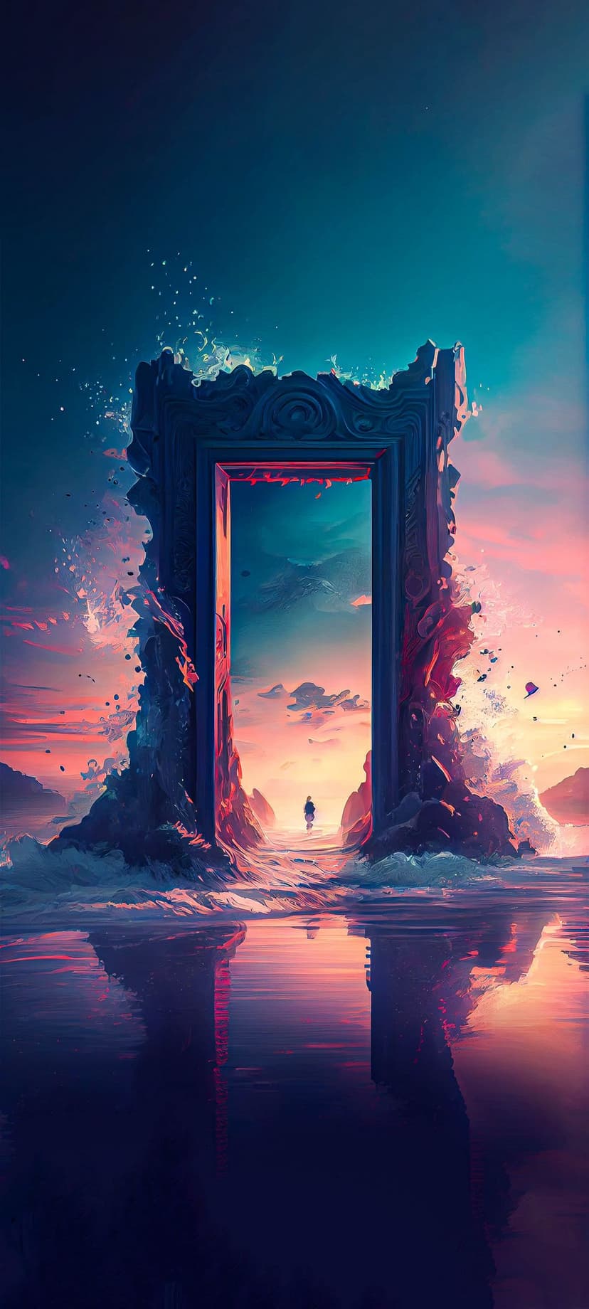 Solitary figure walks on water toward a glowing stone portal revealing a golden sunset over the ocean.