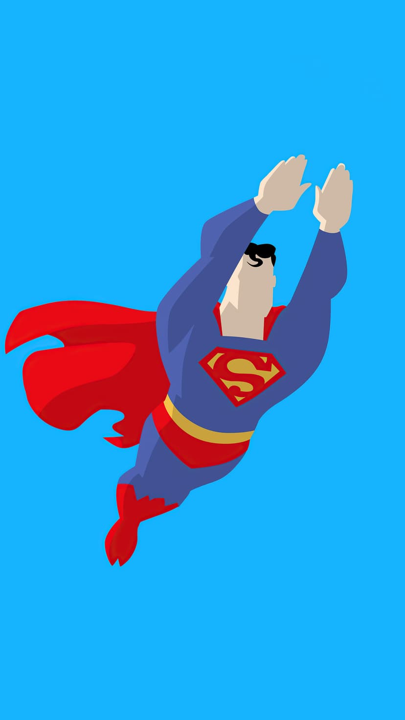 Superman flies upward with arms extended wearing a red cape and blue suit against a solid blue sky background.
