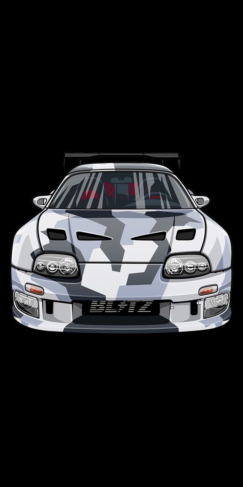 Toyota Supra with white camouflage wrap, aggressive front splitter, hood scoops, and red racing seats.