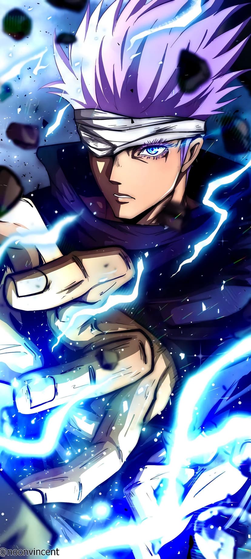 Gojo Satoru with a white blindfold channels blue lightning bolts against a dark, atmospheric background.