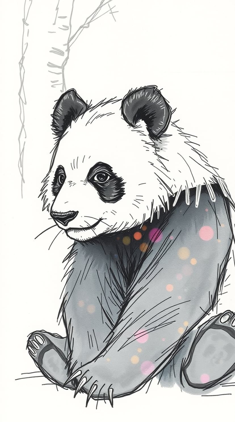 Panda bear with black eye patches and colorful glowing circles sits against a backdrop of thin tree branches.