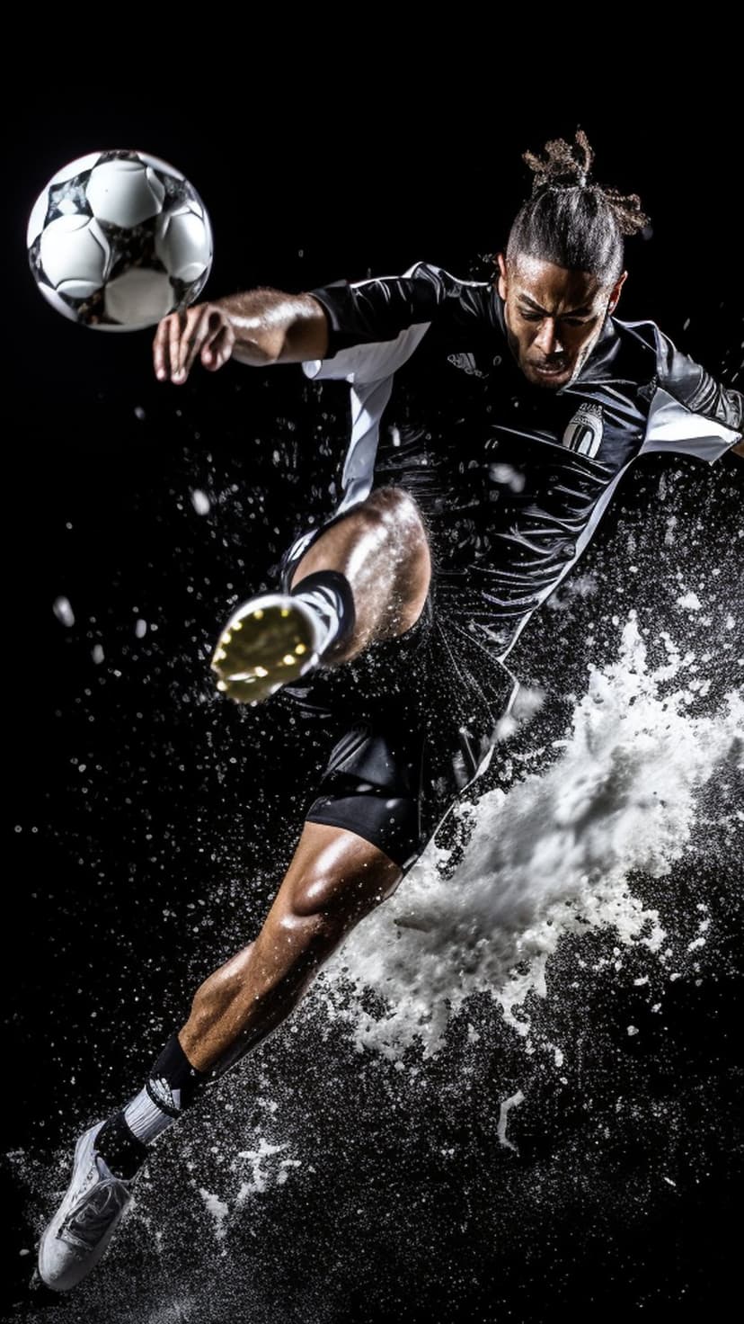 Male soccer player kicking a ball in mid-air with explosive white water splashes against a dark backdrop.