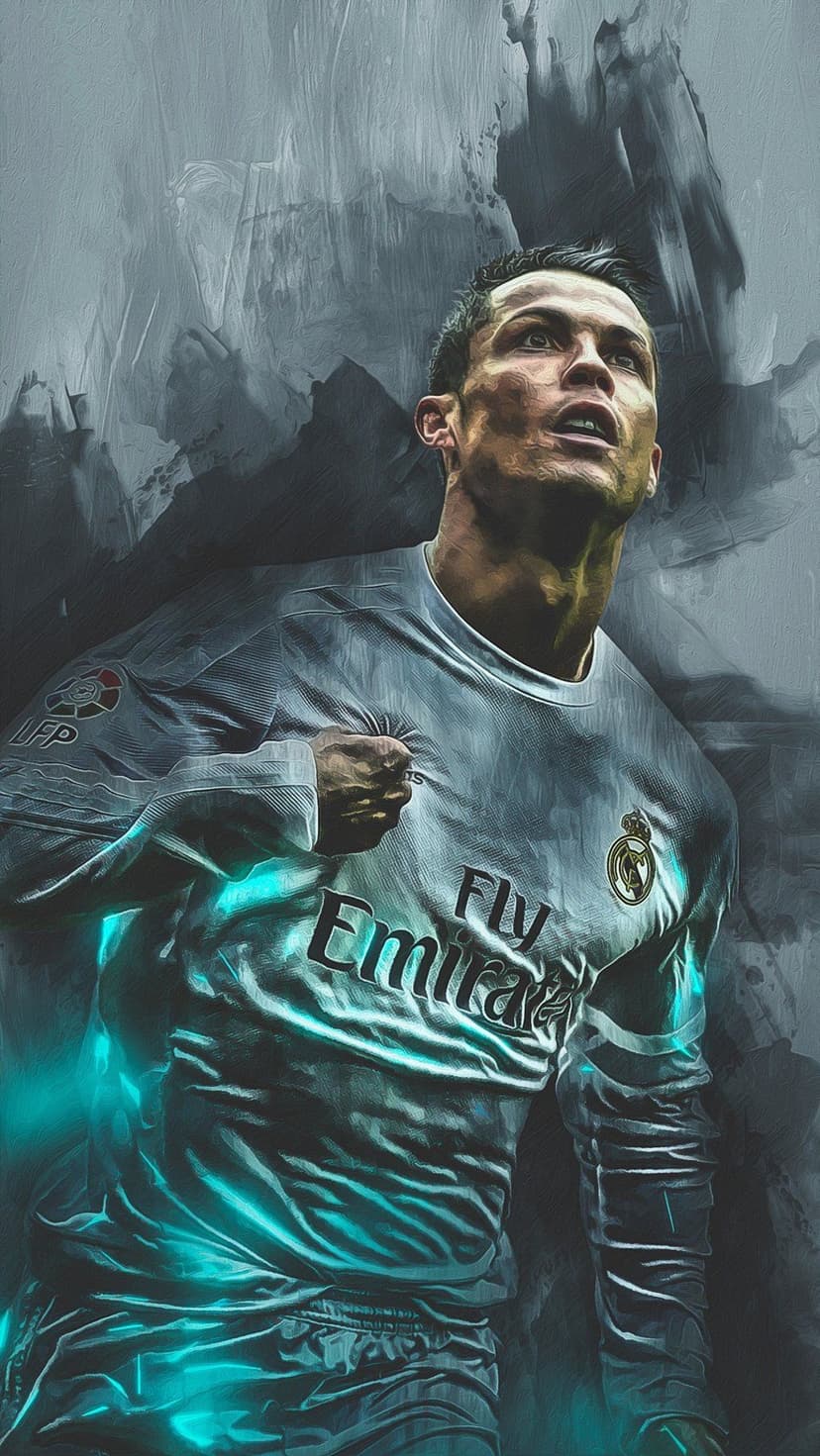 Cristiano Ronaldo pumps his fist in a white Real Madrid kit surrounded by vibrant teal smoke and dark shadows.