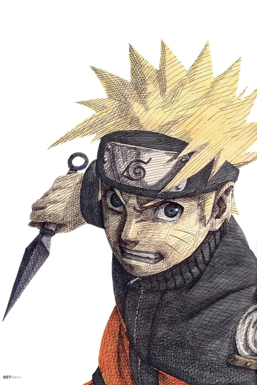 Naruto Uzumaki holds a kunai with a determined look, featuring spiky hair, a headband, and textured cross-hatching.