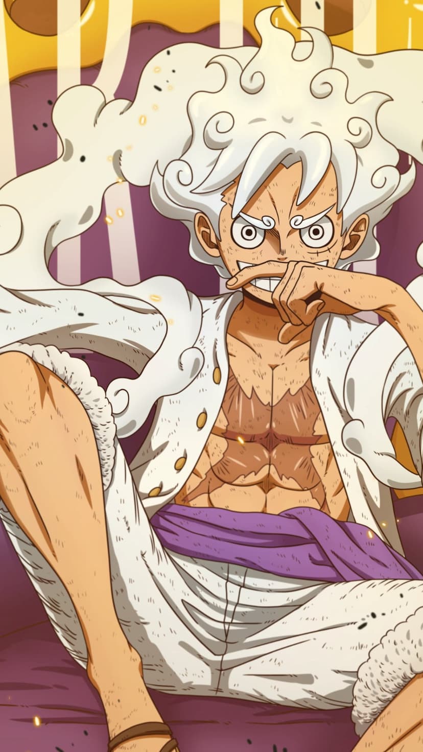 Monkey D. Luffy with white cloud-like hair and a determined gaze during his Gear 5 Sun God transformation.