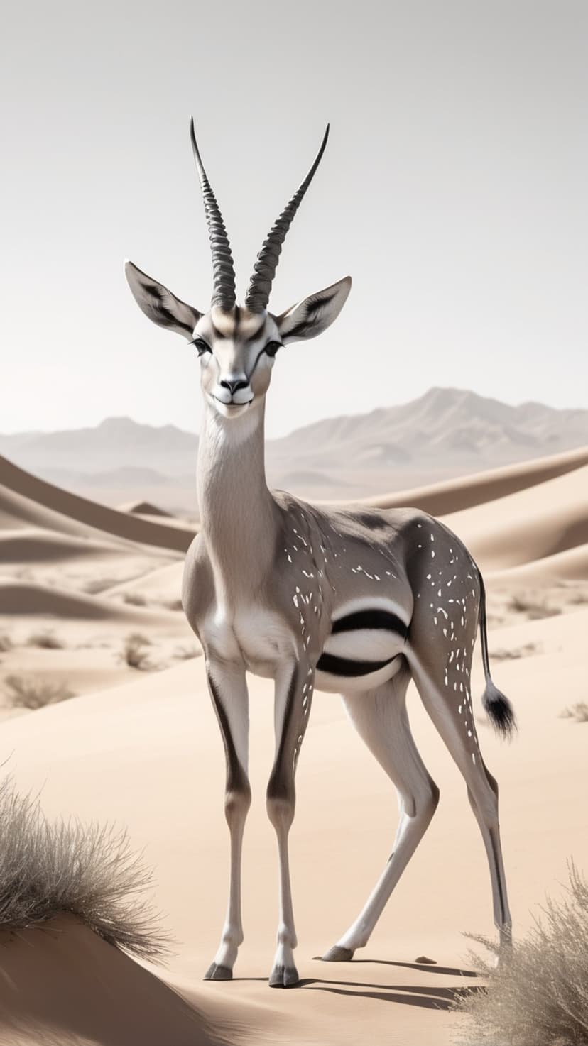 Gazelle with long horns stands on golden sand dunes under a pale sky with distant mountains in the background.