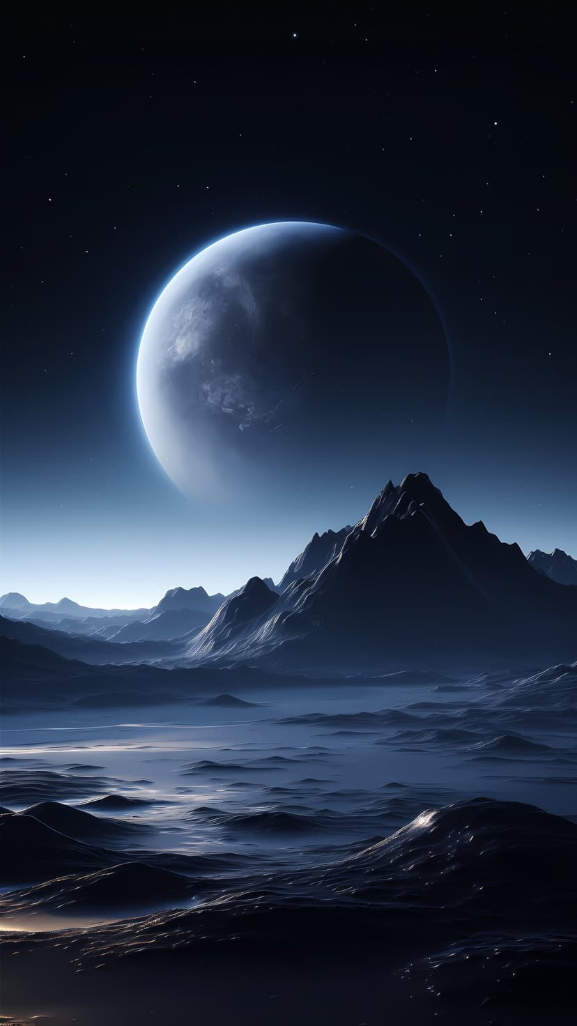A giant luminous moon hangs over dark jagged mountains and misty valleys under a starry extraterrestrial sky.