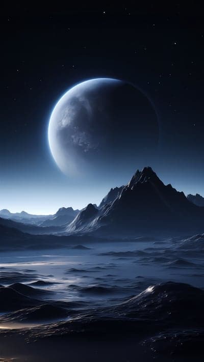 Alien Planet Landscape with Giant Moon and Stars