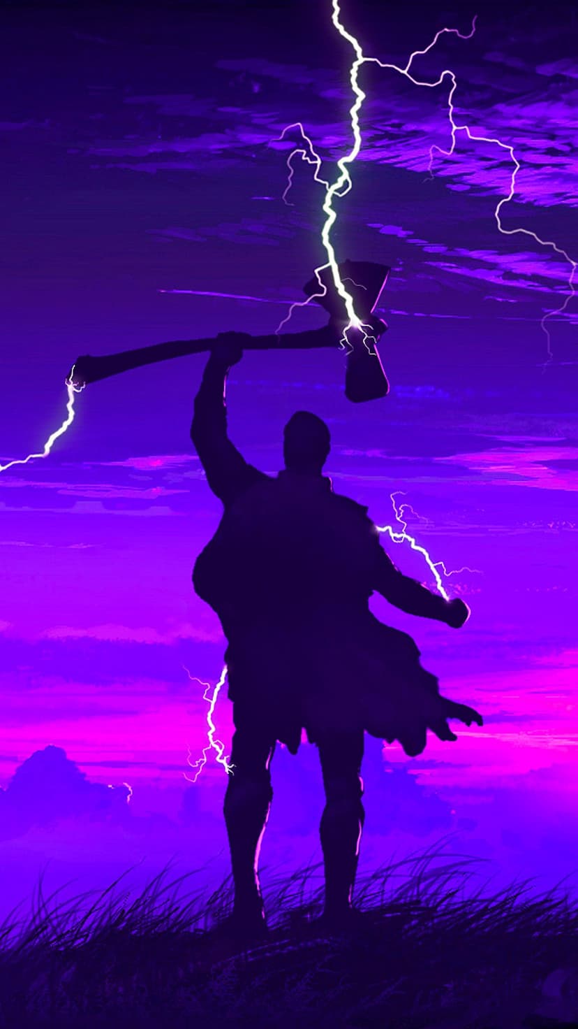 Thor stands as a dark silhouette holding a glowing axe while white lightning strikes a purple and magenta sky.